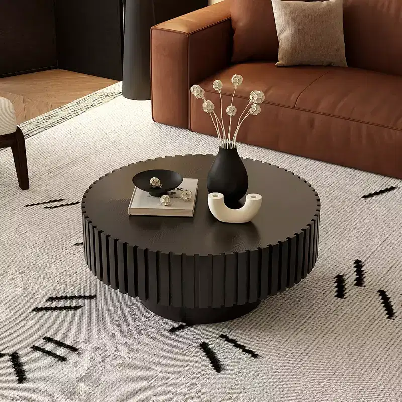 Round Coffee Table with Handcrafted Olive-Shaped Relief and Sturdy Pedestal Base