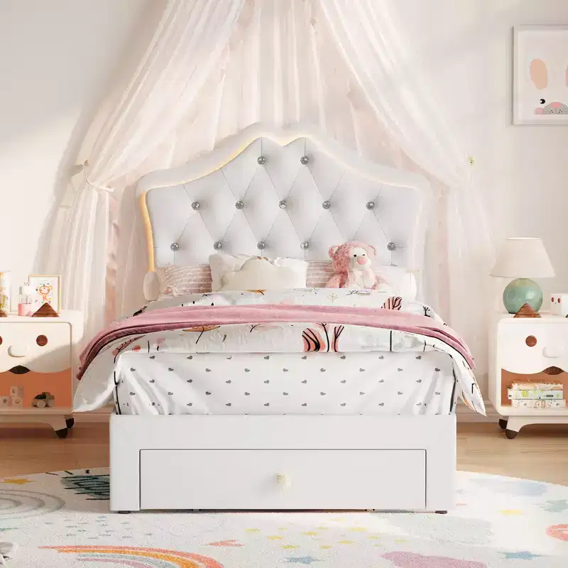 Twin Size Bed Frame with LED Lights & Velvet Crystal Button Headboard, Upholstered Boy/Girl Platform Bed with Storage Drawer, No Box Spring Needed