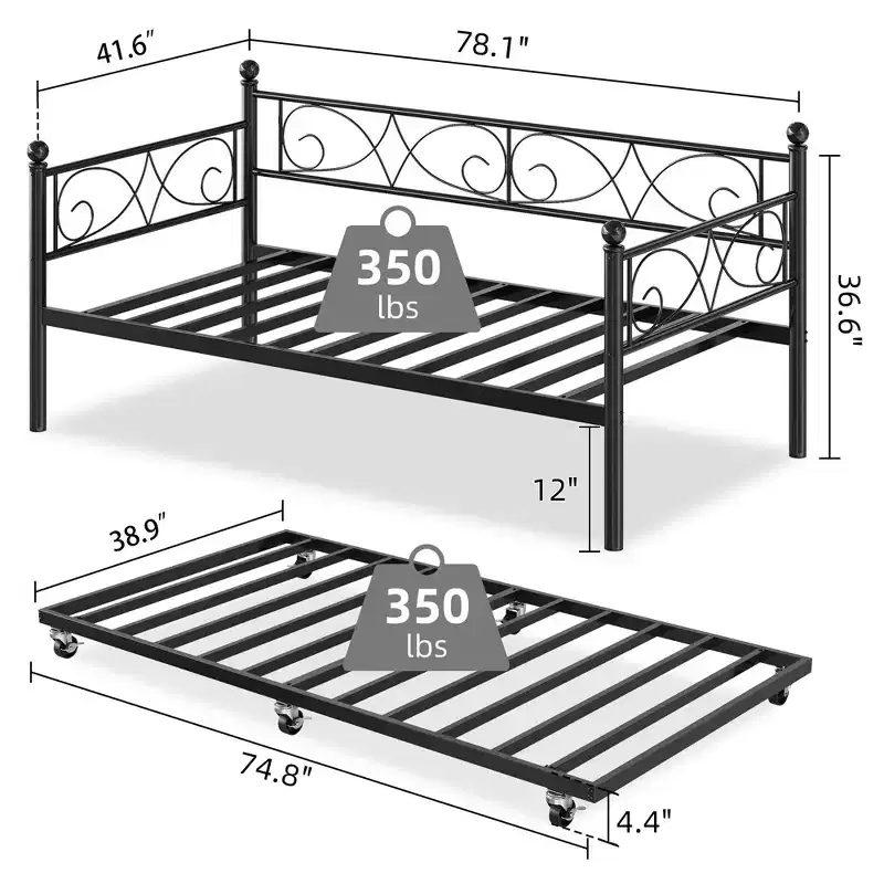 Daybed with Trundle Sofa Bed, Twin Size Metal Day Bed with Floral Headboard, Modern Metal Sofa Bed Frame with Pull-Out Trundle, Heavy Duty Steel Slats