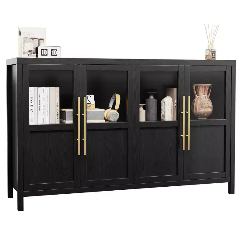 55 Sideboard Buffet Cabinet with 4 Glass Doors - Wine Bar Display Cabinet for Kitchen Dining Room Living Room