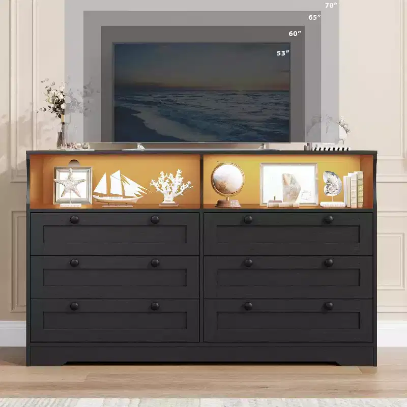 6 Drawer Dresser with LED and Power Strip, Dressers & Chests of Drawers with Storage Cabinet for Bedroom, 55 Wide Wood TV Stand