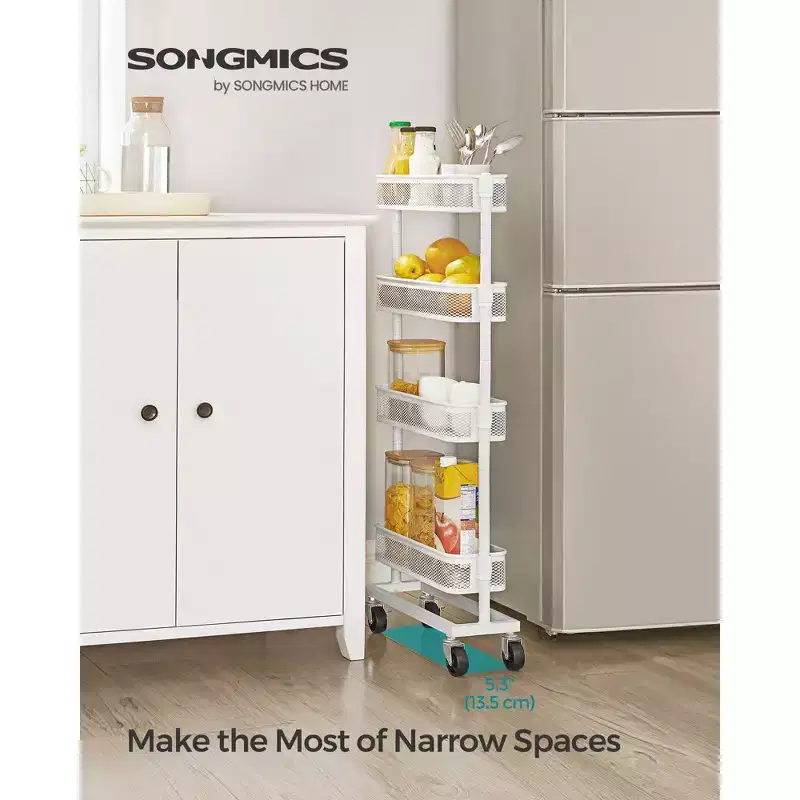 SONGMICS Slim Storage Cart, 4-Tier Metal Rolling Cart with Wheels, Flexible Baskets, Narrow Cart for Kitchen, Bathroom,Easy Assembly, White