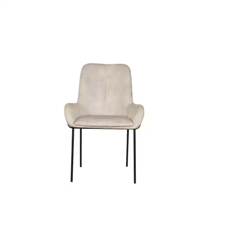 Contemporary Tufted Dining Chair with Curved Arms & Powder-Coated Frame, Beige