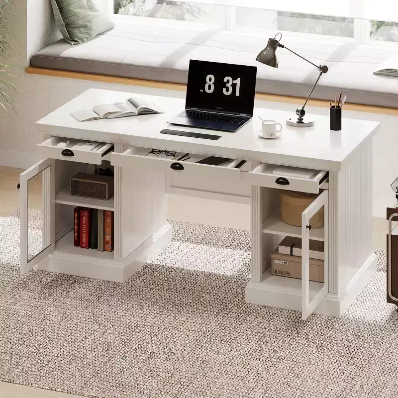 67 Modern Executive Desk with Drawers & Cabinet, Home Office Computer Desk with USB Ports, Writing Table Workstation, White - ModernLuxe