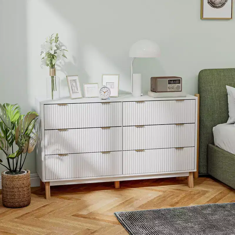 6-Drawer Double Dresser with Fluted Fronts Gold Finger Pulls Five Wooden Legs White