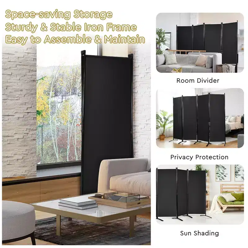 4-Panel 5.6ft Room Divider Folding Fabric Privacy Screen with Steel Frame White/Black/Brown