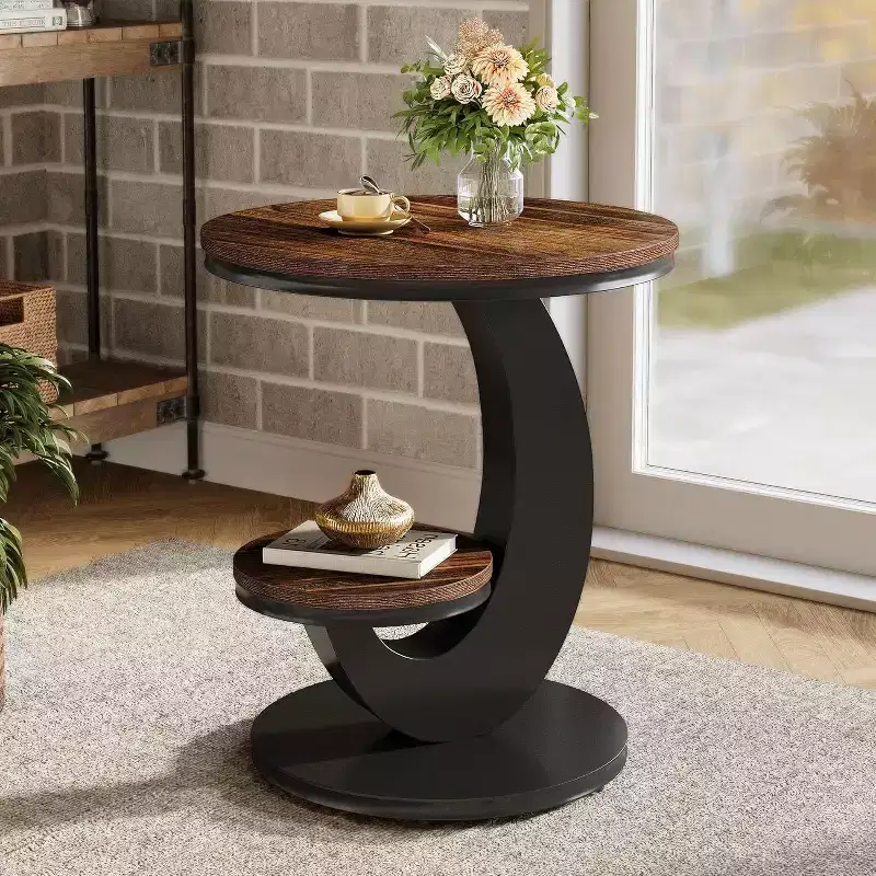 Round End Table, 2-Tier Side Table, Wood Bedside Nightstand with Metal Arc-Shaped Frame for Small Spaces, Living Room, Bedroom