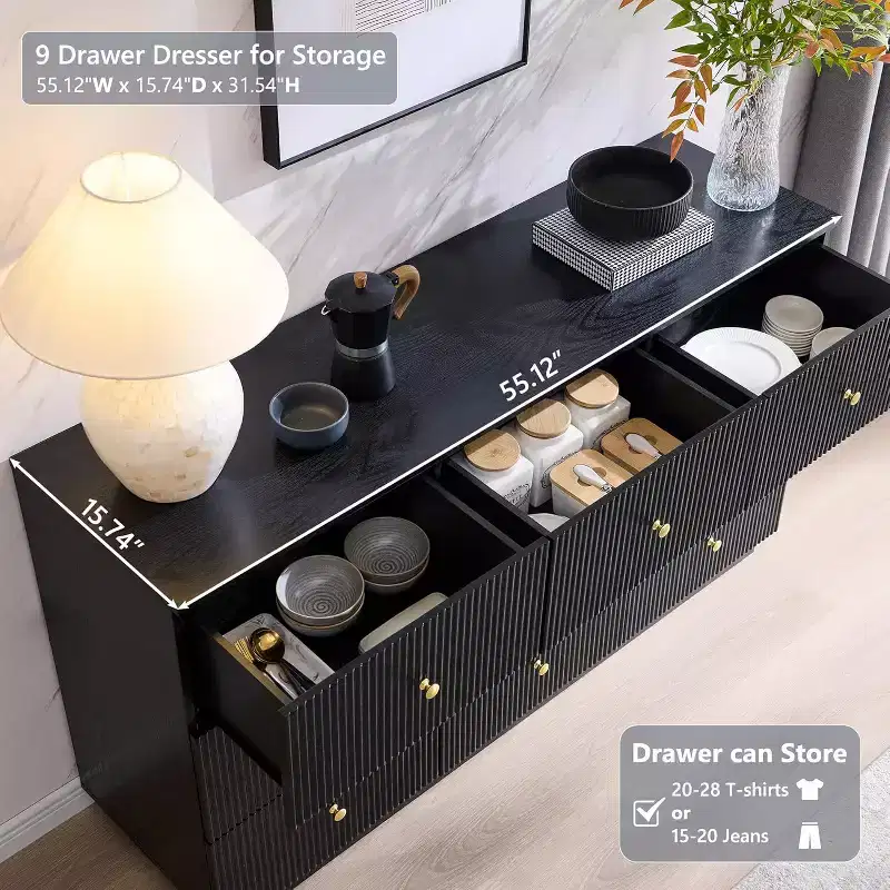 SinCiDo 9 Drawer Fluted Dresser, 55 Wide Wood Chest of Drawers with Deep Storage, Modern Storage Organizer for Bedroom, Living Room