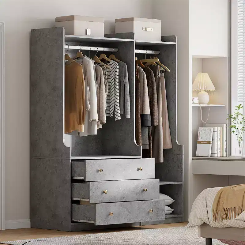 Bedroom particleboard open wardrobe, wood style, multi-zone storage cabinet