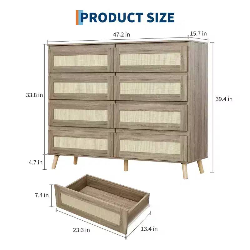 8 Drawer Dresser, Modern Farmhouse Rattan Chest of Drawers, 47.2 Inch Wide Dresser for Bedroom, Wood TV Stand Storage Organizer for Entryway, Closet