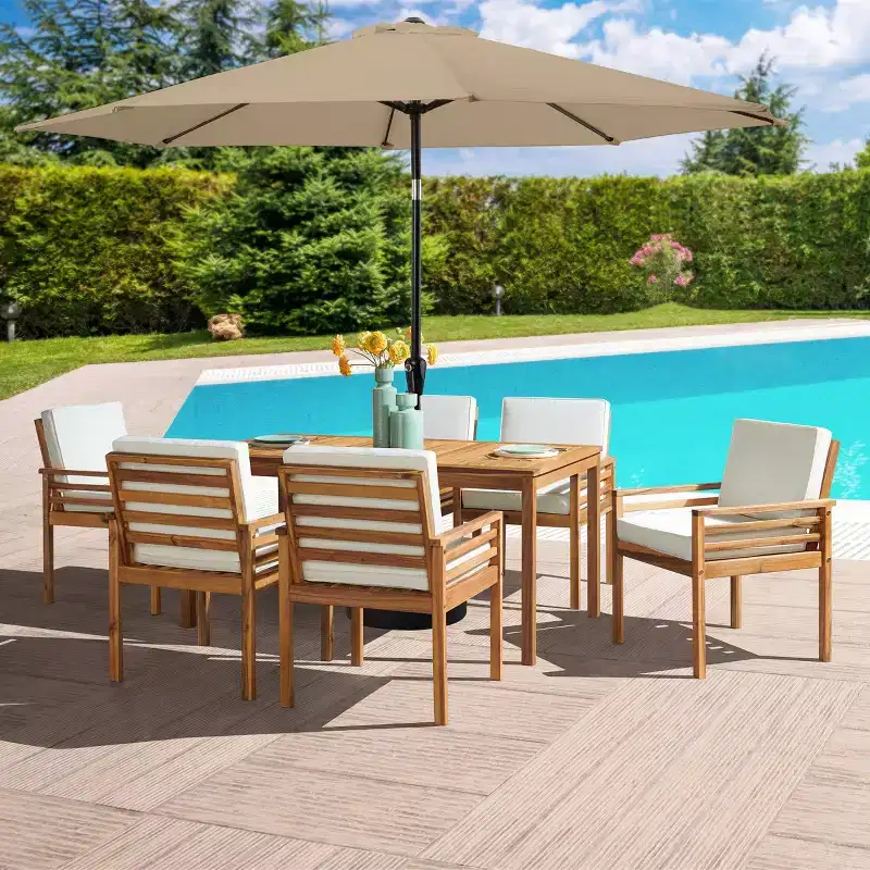 Alaterre Furniture 8pc Outdoor Patio Dining Set, Okemo Table with 10' Auto Tilt Umbrella