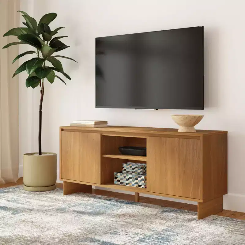 Modern Solid Pine TV Stand with Soft-Close Doors for 65