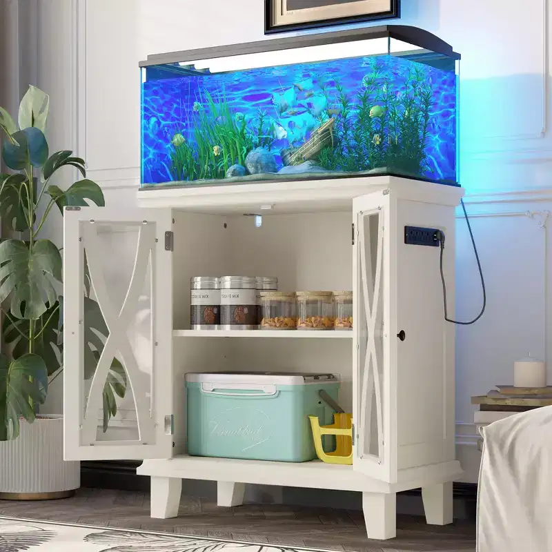 Farmhouse Wood Aquarium Stand with Power Outlets and Adjustable Shelves