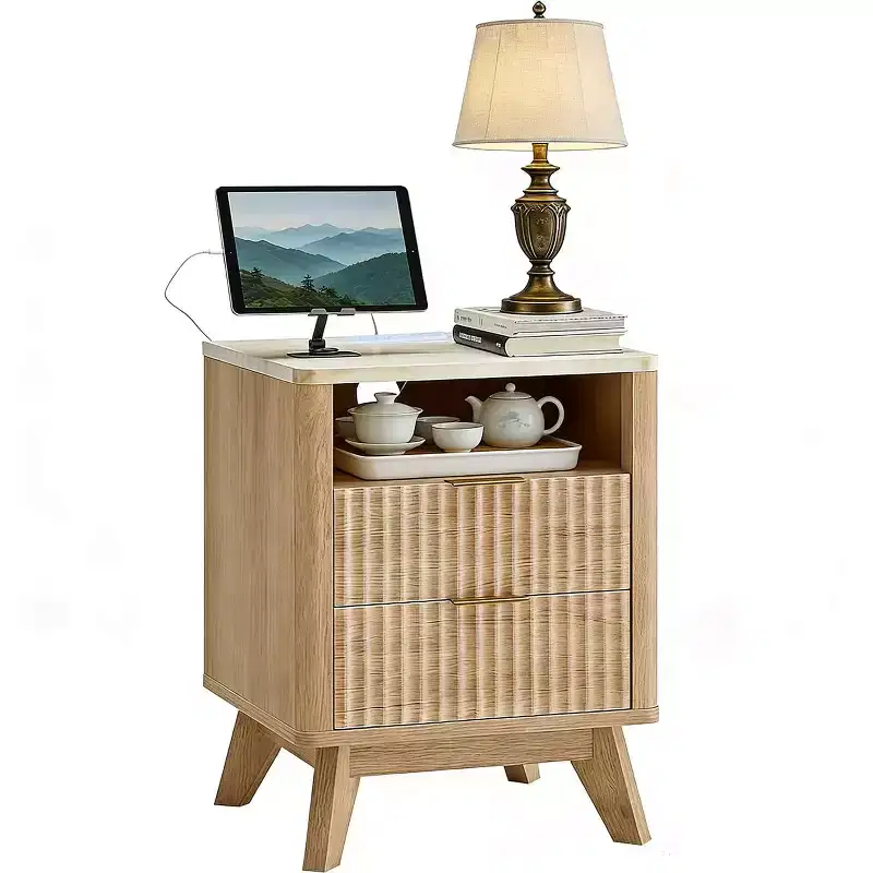 Modern Nightstand with Charging Station. Fluted Bedside Table with Storage. Modern Side End Table with Wood Legs for Bedroom. Dorm