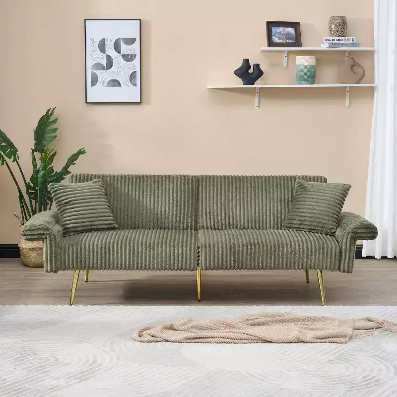 Corduroy Sofa Foldable Double Sofa Bed with Folding Armrests Suitable for Living Room and Small Spaces Green