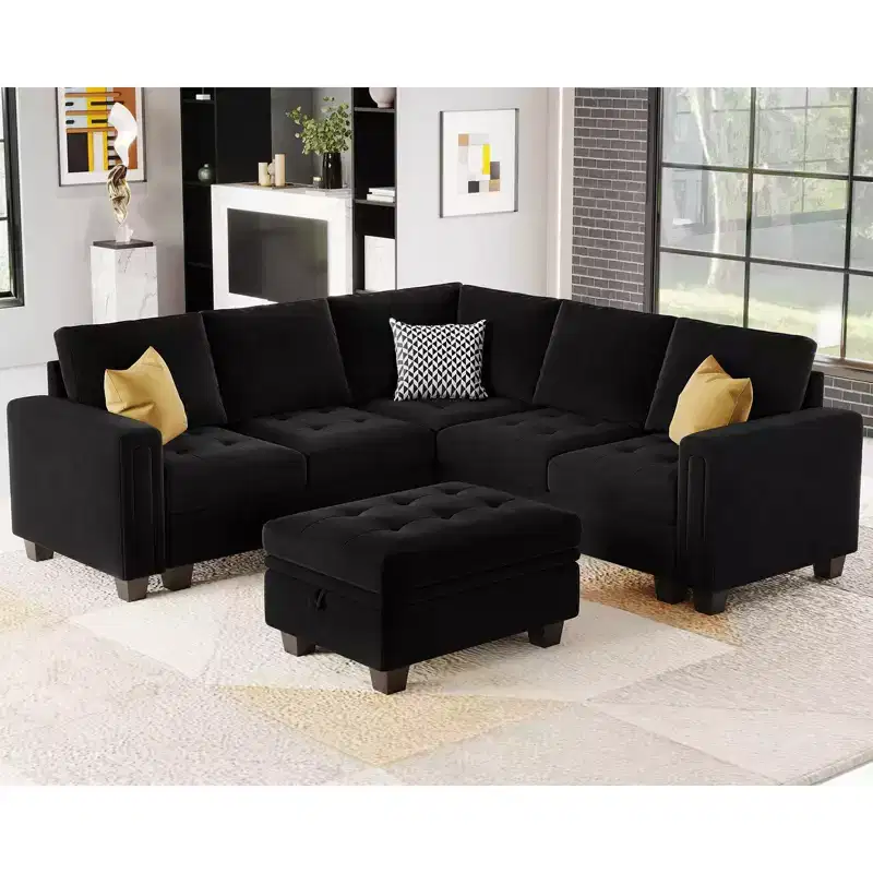 Belffin Modular Velvet Tufted L Shaped Couch with Storage Ottoman Sectional Couch with Reversible Chaises Corner Sofa
