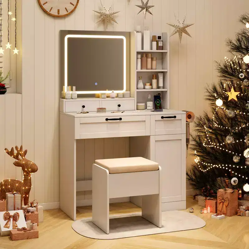 Vanity w/Cushioned Stool Makeup Table w/Adjustable Lighting Mode Brightness