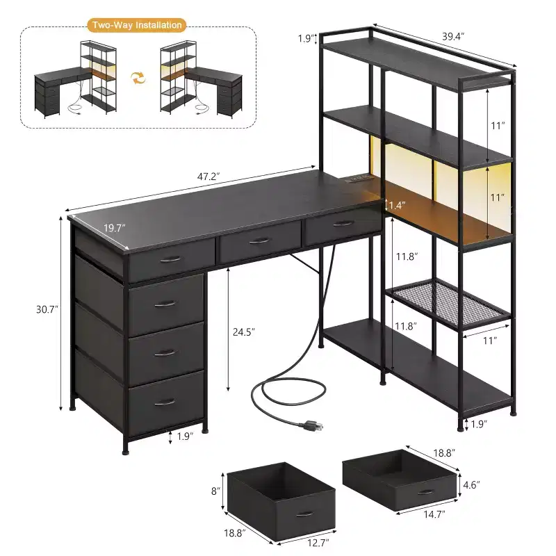 L Shaped Office Desk with Power Outlets and Type-C Port, Large Computer Gaming Desk with 6 Fabric Drawers, Corner Study Work Writing Desk