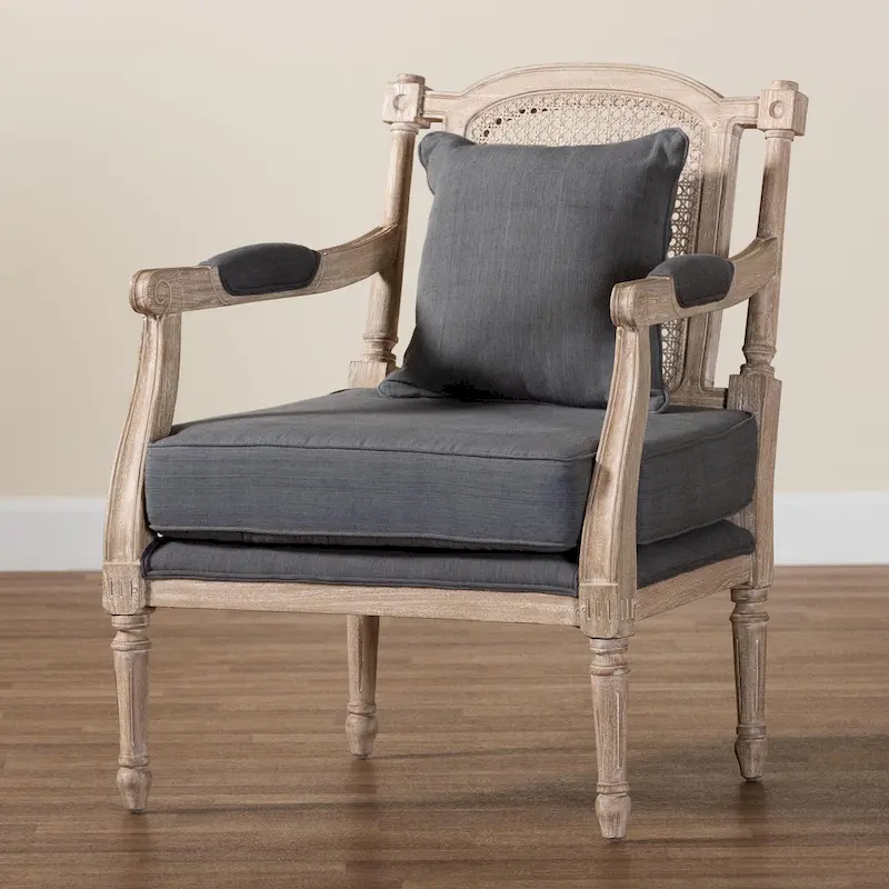 Ivory French Provincial Armchair, Single Seat, Carved Mahogany & Rattan