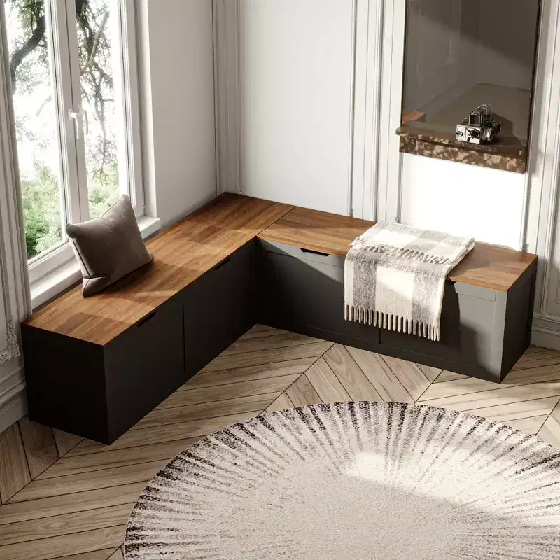 Famapy Black L-Shaped Corner Bench with Storage  Flip-Top Shoe & Item Organizer for Entryway or Room