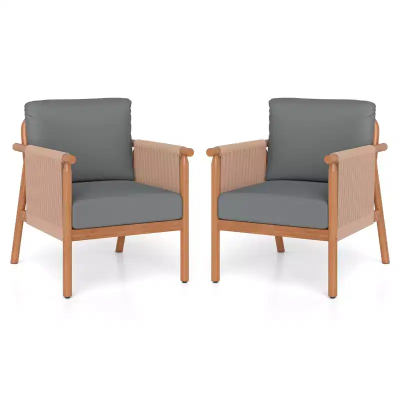 Gymax 2PCS Patio Armchair Acacia Wood w/ Seat Back Cushions