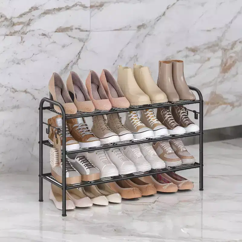3-Tier Metal Shoe Rack with 4 Side Hooks, Height-Adjustable, 11D x 33.5W x 20.8H