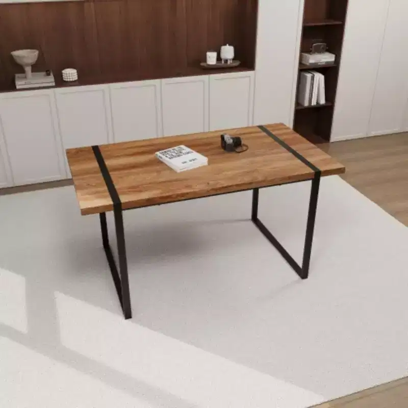 Modern Ind. Rect. MDF Nat. Wood Table (4-6), 1.5 Eng. Wood Top, Black Metal Legs, Home/Kitchen.