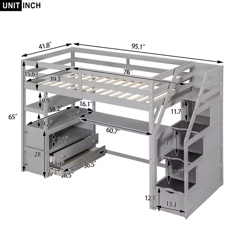 Loft Bed with Storage Staircase and Desk, High Loft Bed Frame with 2 Built-in Drawers for Kids Teens Adults