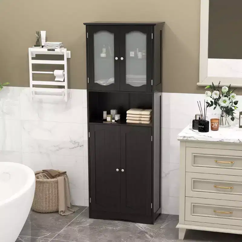 Costway 64.5 Tall Bathroom Cabinet with Tempered Glass Doors Adjustable Shelves White/Black