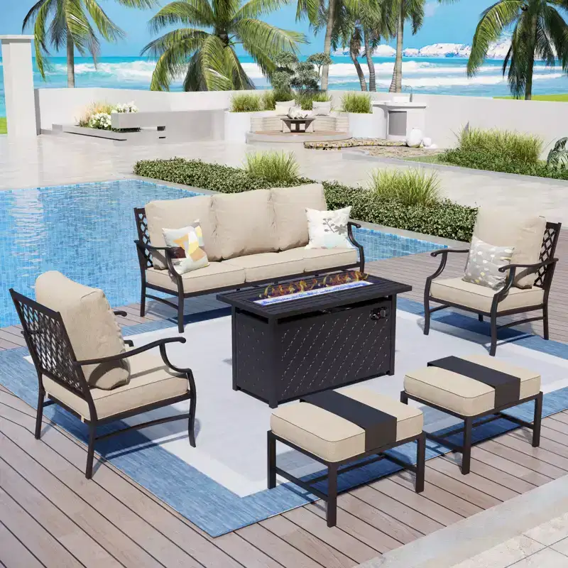 Captiva Designs 6pc Metal Patio Outdoor Conversation Fire Pit Set with Grid-back Armchairs and Ottomans for Garden, Poolside, Backyard