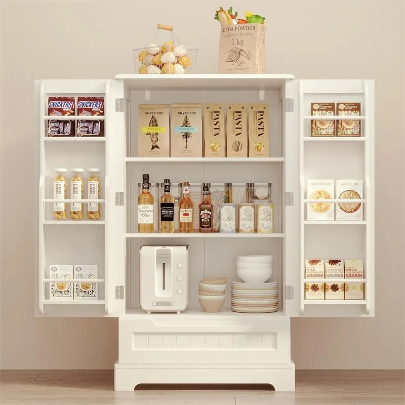 White Freestanding Kitchen Pantry Cabinet with 3 Shelves, 1 Drawer & Door Racks – 1-Person Assembly