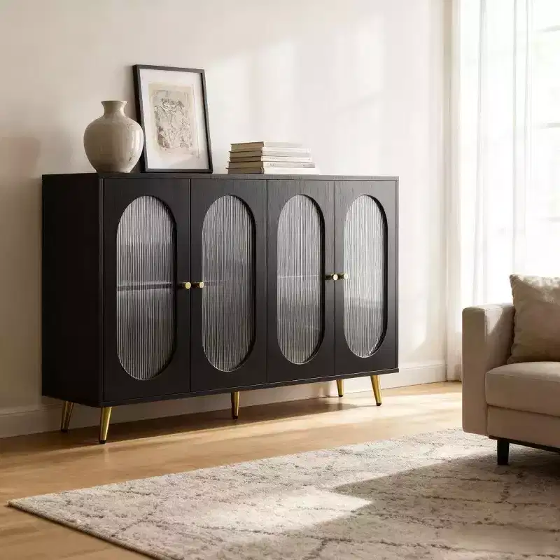 4-Door Decorative Storage Cabinet with Fluted Acrylic Doors & Metal Legs, Living Room Sideboard, Black