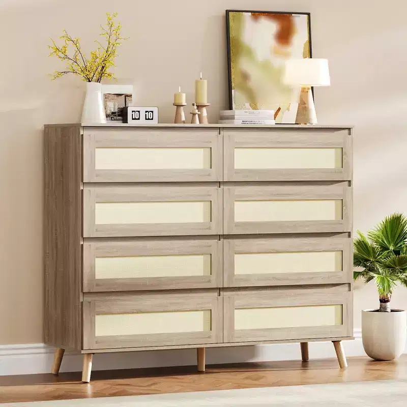 8 Drawer Dresser for Bedroom, Rattan 47'' Wide Chest of Drawers, Wooden Storage Dressers Organizer, Media Console Table for Living Room Hallway