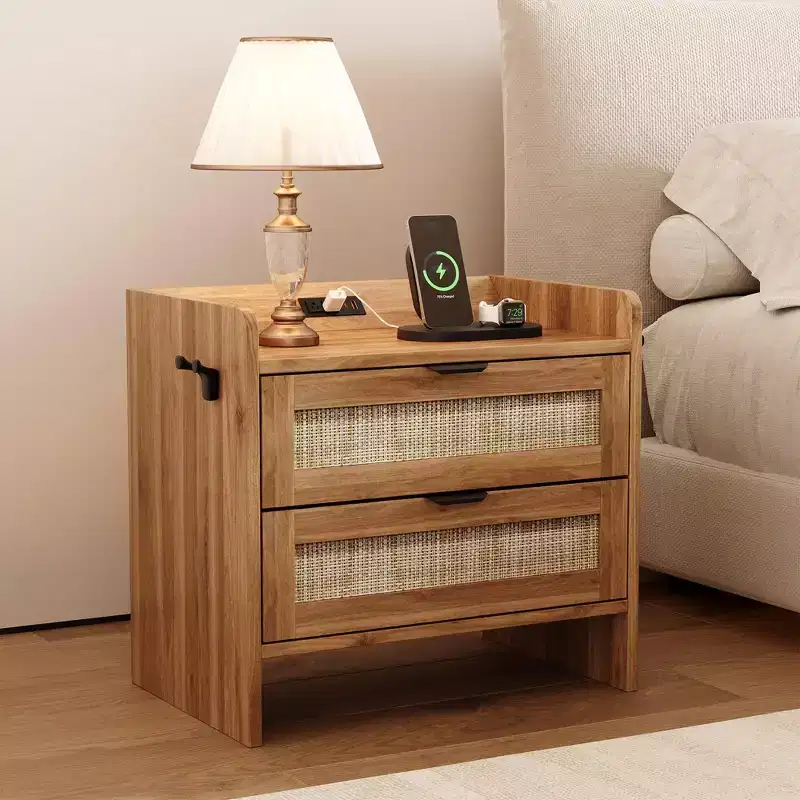 Rattan Nightstand, Bedside Table with Type-C Charging Station, 2 Storage Drawer Space, Boho End Table Side Table for Bedroom Living Room Office