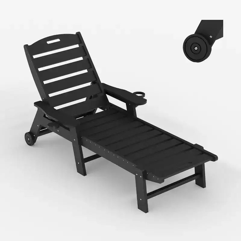 Chaise Lounge Outdoor, Lounge Chair Outdoor with Rolling Wheels, Adjustable 5-Position Backrest, HDPE Lounge Chair with Cup Holder Weather-Resistant