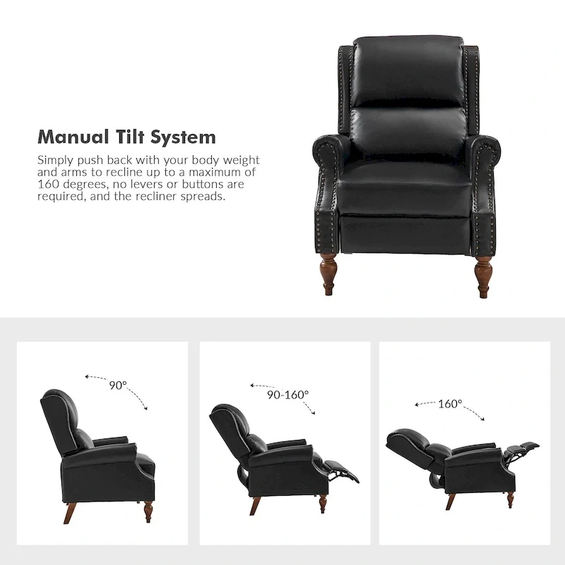 Traditional Vegan Leather Manual Push-Back Recliner, Padded Armrests, Solid Wood Legs, Living Room