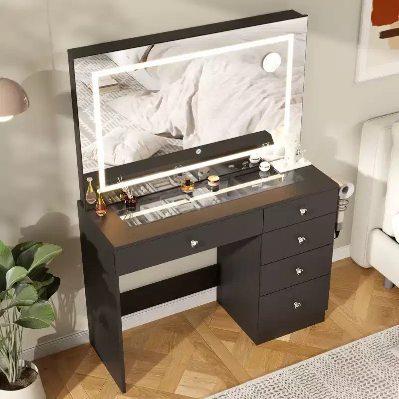 39 Vanity Desk with Mirror and Lights, 5 Drawers Makeup Vanity Desk with Tempered Glass top