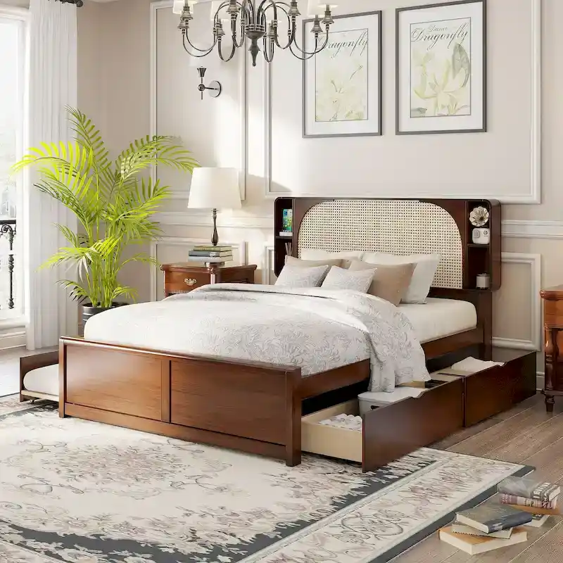 Queen Size Rattan Headboard Bed with Two Storage Drawers and Trundle, Walnut