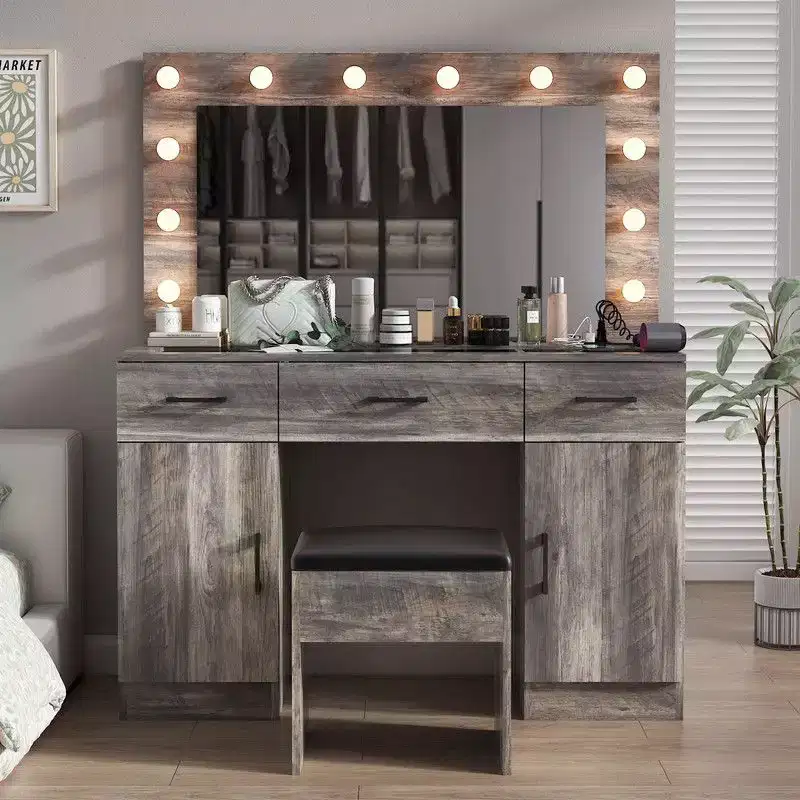 Gray Linen Particleboard with Triamine 3 Drawers, 2 Doors, with 12 Tri-color Dimmable Light Bulbs, Rows of Plugs, Glass-topped Vanity Table Set