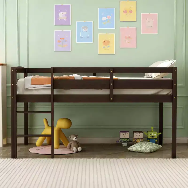 Luxystar Twin Size Solid Wood Loft Bed with Ladder and Fence for Kids Room
