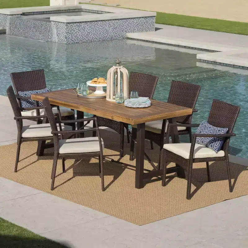 Laguna 7pc Acacia Wood/Wicker Patio Dining Set - Brown/Cream - Christopher Knight Home: Weather-Resistant, 6 Arm Chairs