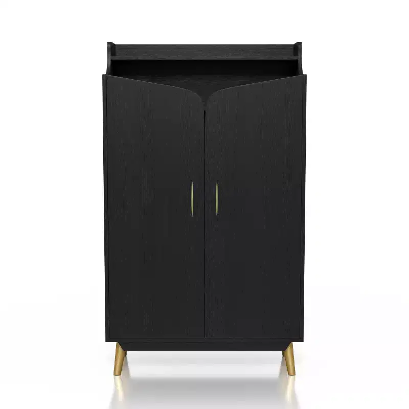 Double Door Shoe Cabinet Black - : Holds 15 Pairs, Adjustable Shelves, Mid Century Style