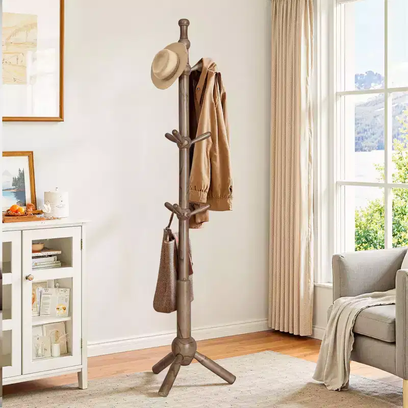 Solid Wood Coat Rack Freestanding 9 Hooks, Adjustable Height Heavy Duty Wooden Coat Tree Stand for Entryway Bedroom Office, Walnut Finish