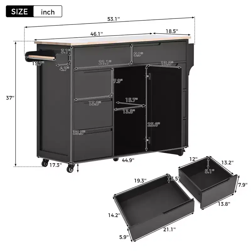 Whisen Modern Kitchen Island with 8 Handle-Free Drawers and 5 Wheels