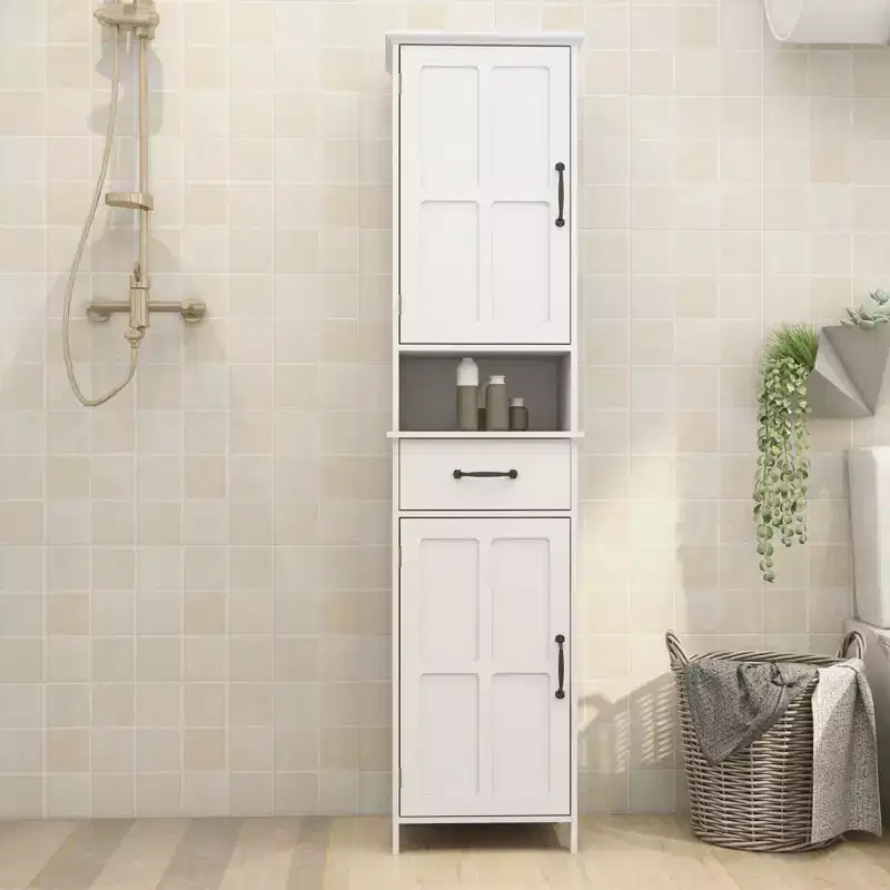 JVNOXK65-inch Double Door Narrow Height Slim Floor Standing Cabinet, Suitable for Bathrooms and Kitchens - White
