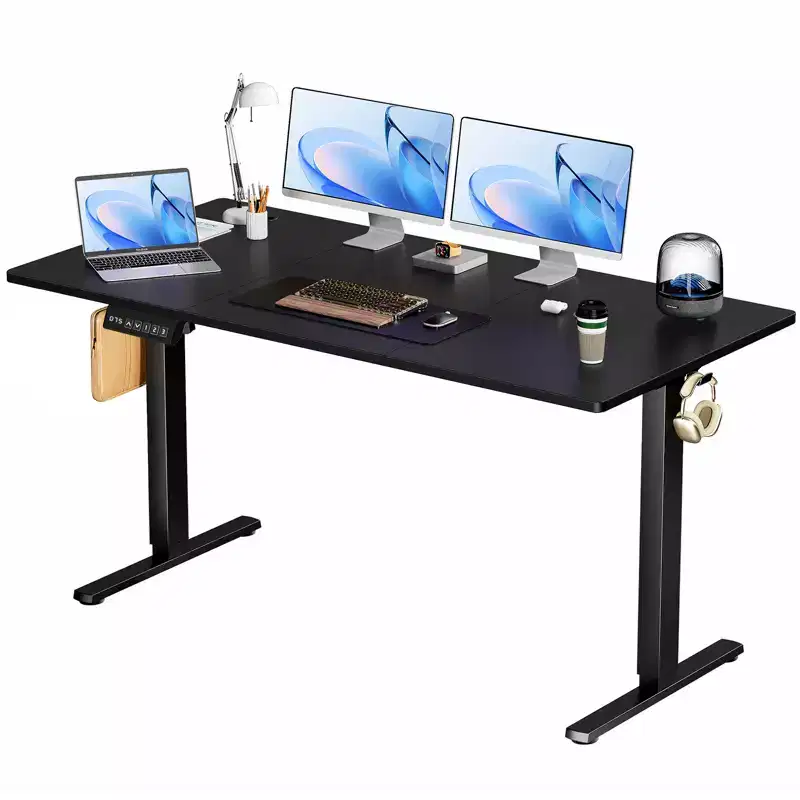 Electric Height-Adjustable Standing Desk, Spacious Splice Board Desktop, 2 Hooks & Cable Management Hole for Home Office — Black