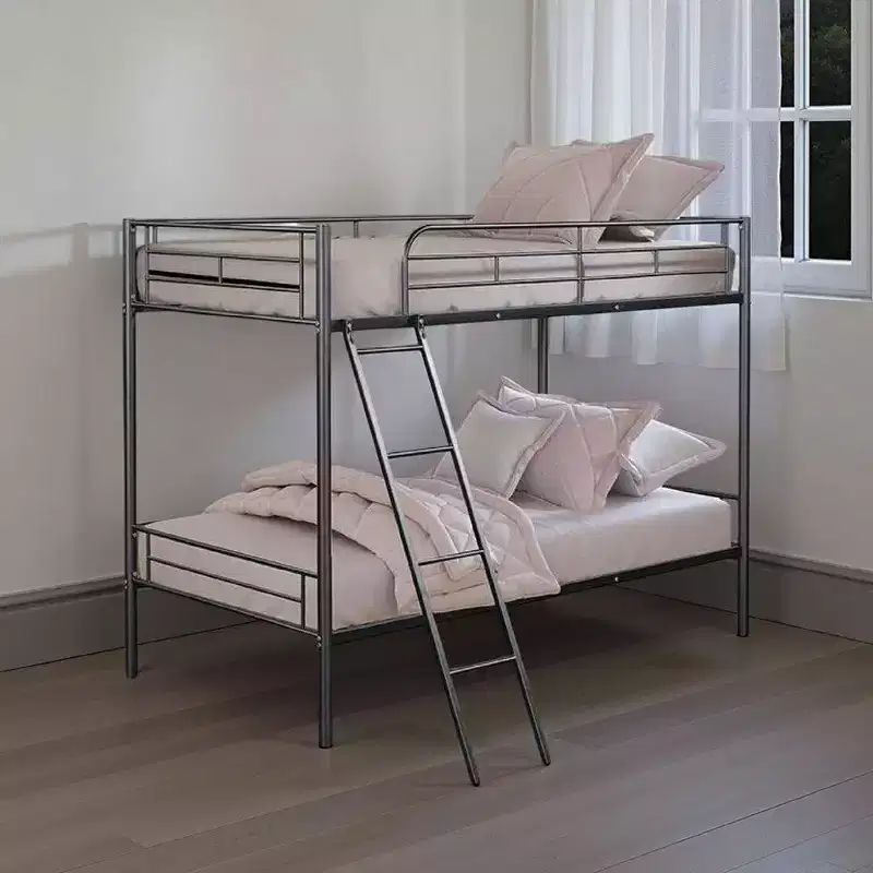 Twin Over Twin Bunk Bed, Silver Metal Frame, Attached Ladder