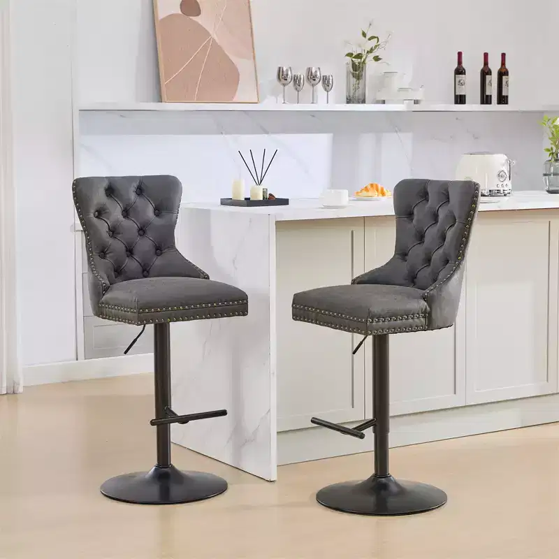 Set of 2 Bar Stools, Modern Upholstered Swivel Counter Stools with Tufted Backrest, Rivet Trim, and 26-33 inch Adjustable Height for Kitchen