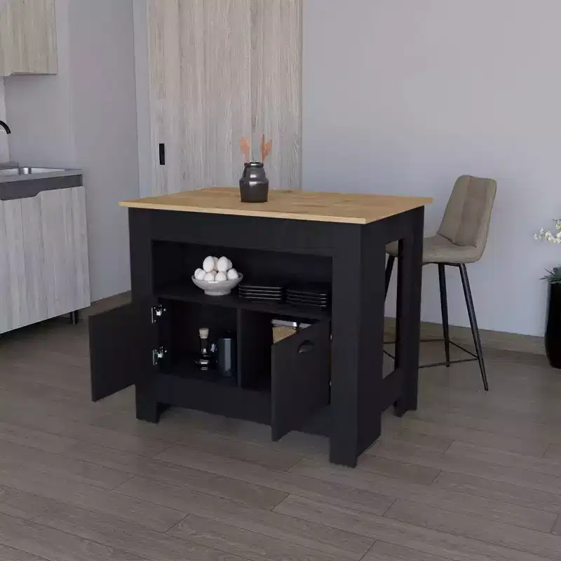 Okak Modern Kitchen Island with 2 Cabinet Doors, Countertop Organizer with 3 Storage Shelves, Kitchen Island Table for Dining Room