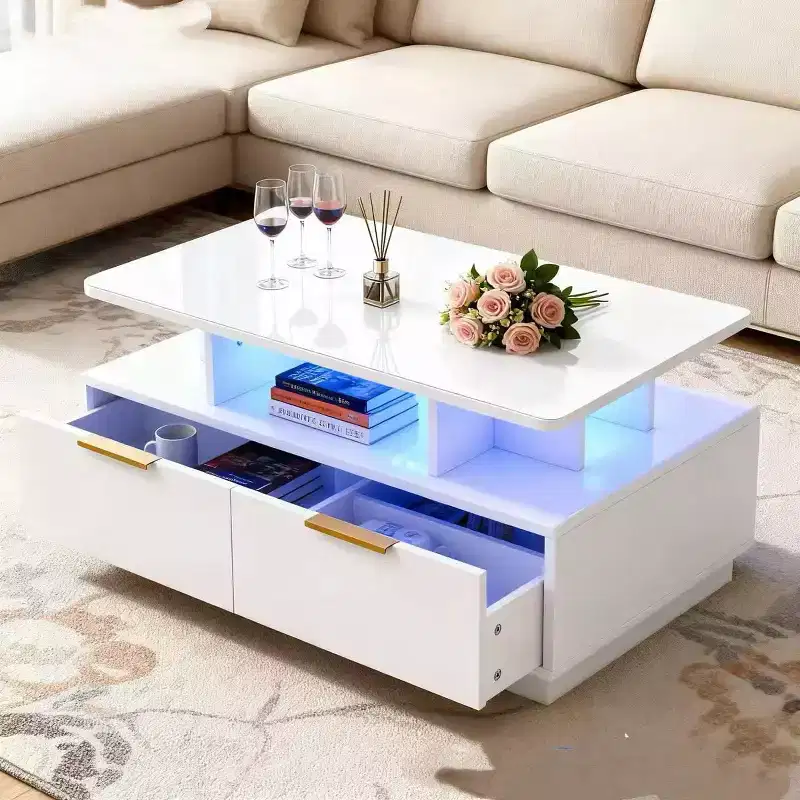 Coffee Table, Modern Rectangular Center Table with Adjustable Color Lights, 4 Drawers & Open Shelf, 35 White Sofa Table for Living Room